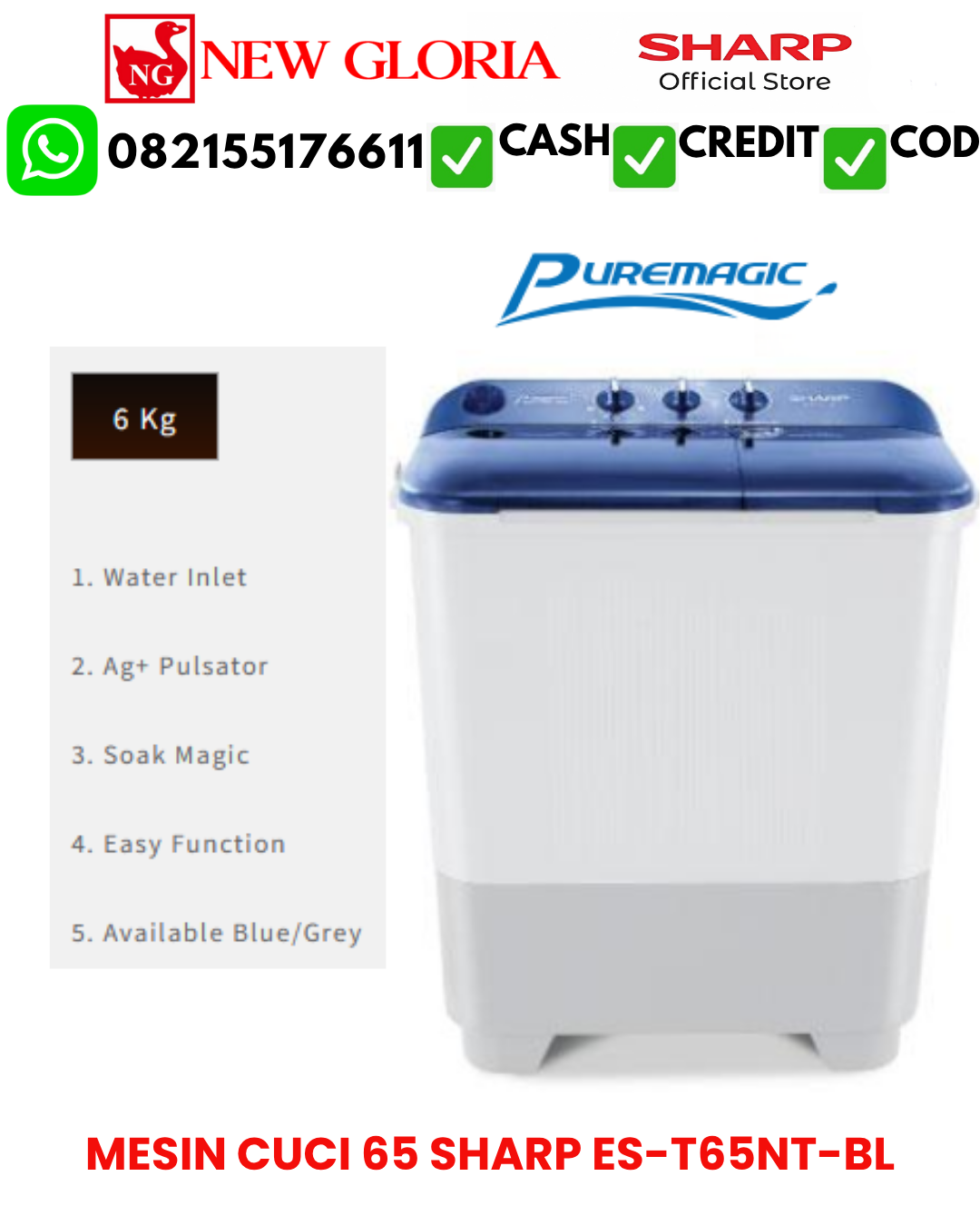 MESIN CUCI 65 SHARP ES-T65NT-BL