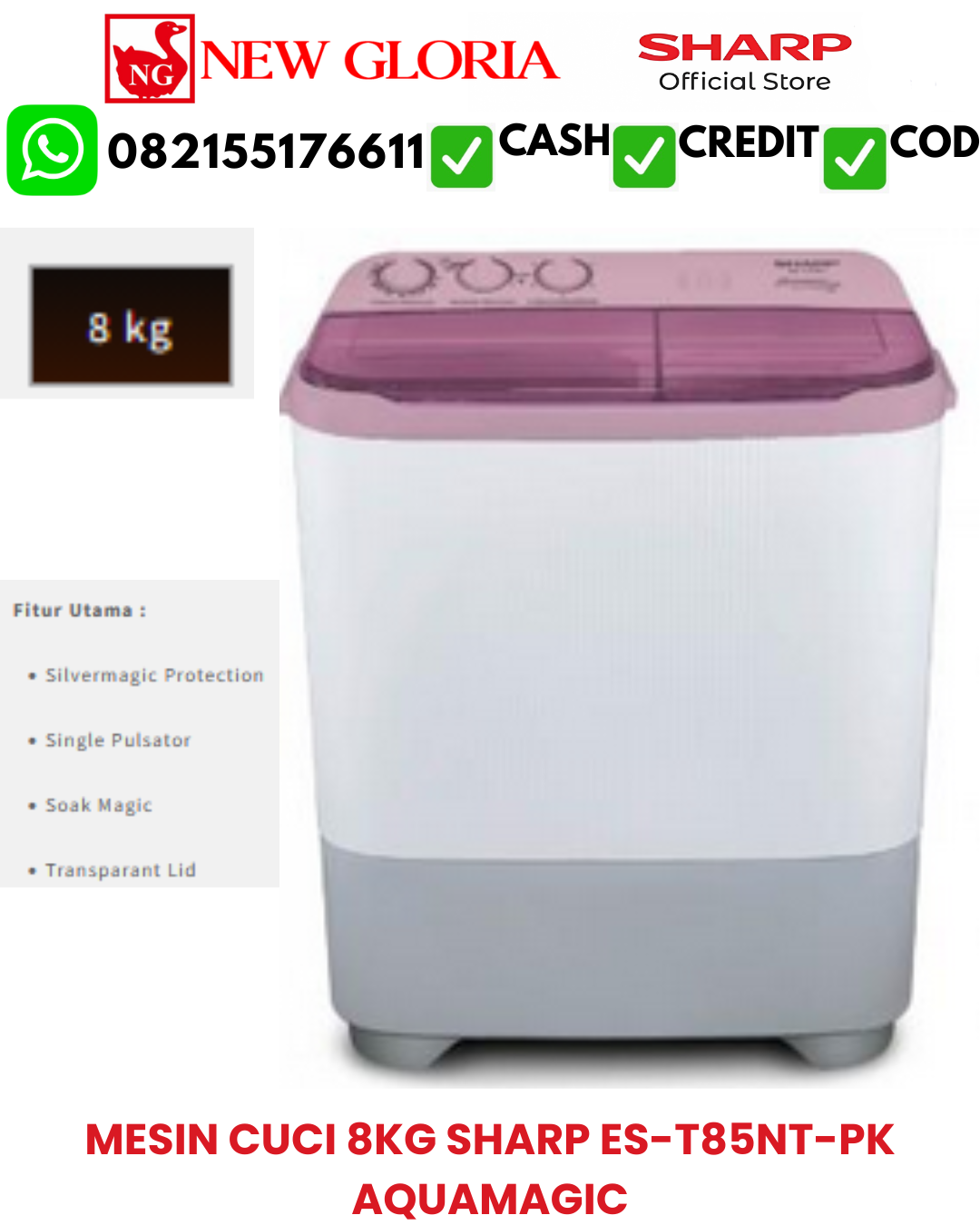 MESIN CUCI 8KG SHARP ES-T85NT-PK AQUAMAGIC