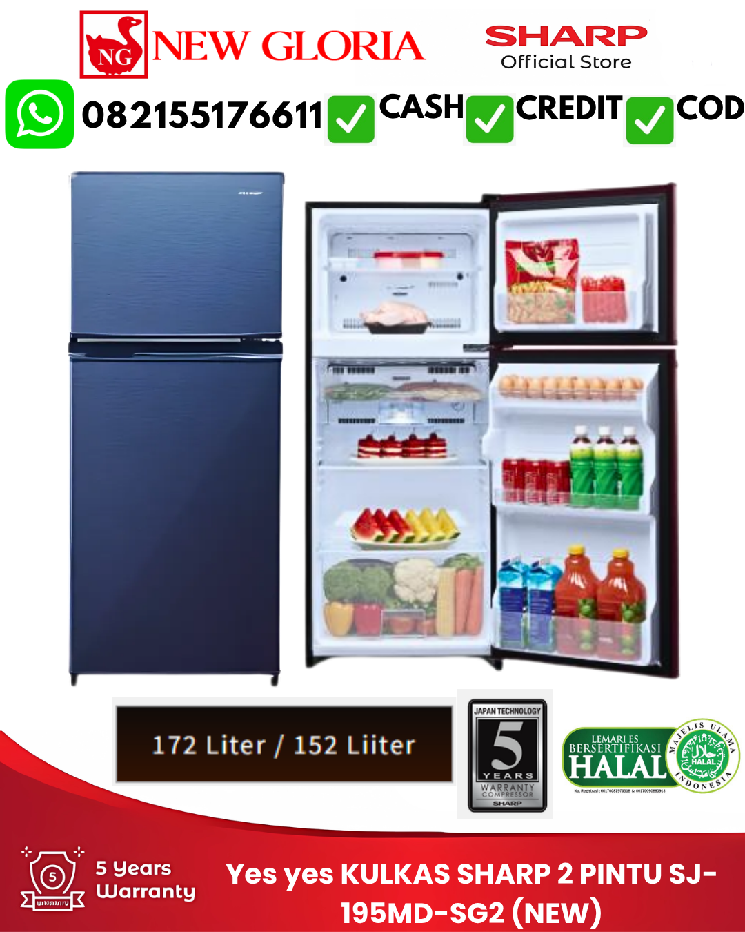 KULKAS SHARP 2 PINTU SJ-195MD-SG2 (NEW)