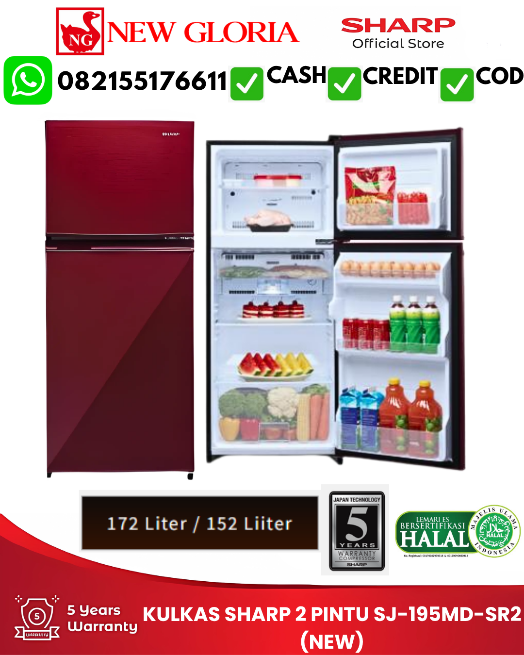 KULKAS SHARP 2 PINTU SJ-195MD-SR2 (NEW)