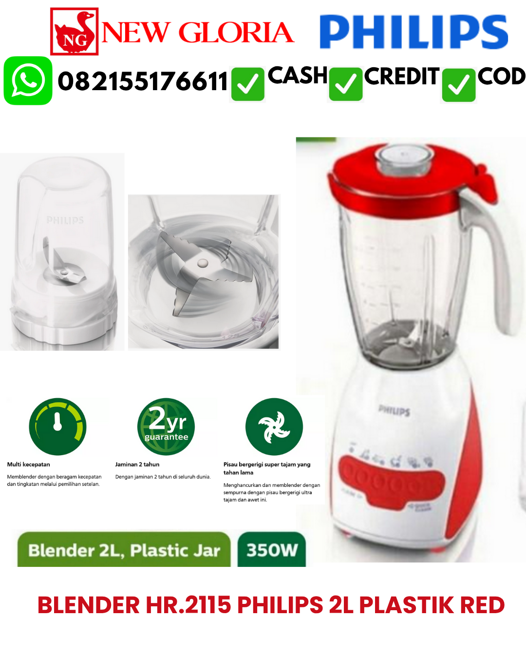 BLENDER HR.2115 PHILIPS 2L PLASTIKK RED