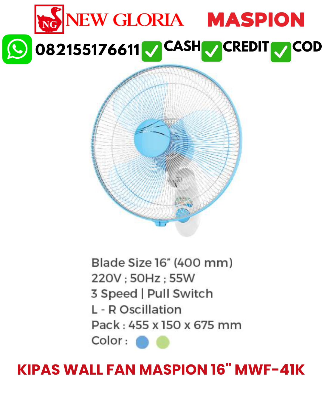 KIPAS WALL FAN MASPION 16″ MWF-41K