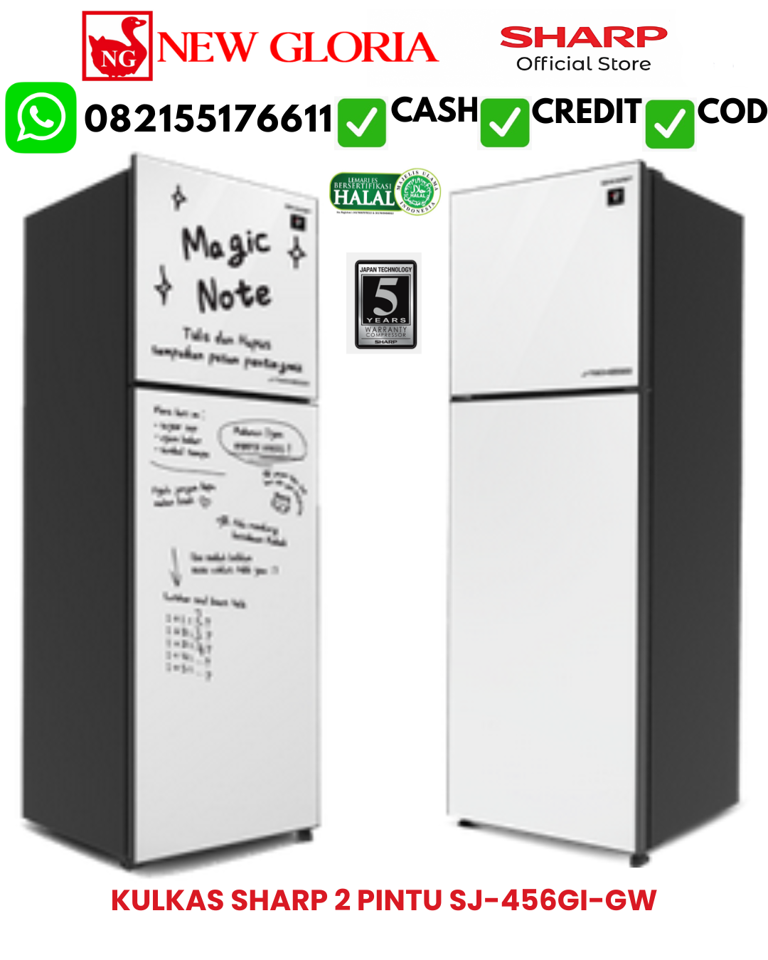 KULKAS SHARP 2 PINTU MAGIC DOOR SJ-426GI-GW