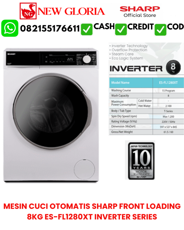 MESIN CUCI OTOMATIS SHARP FRONT LOADING 8KG ES-FL1280XT INVERTER SERIES