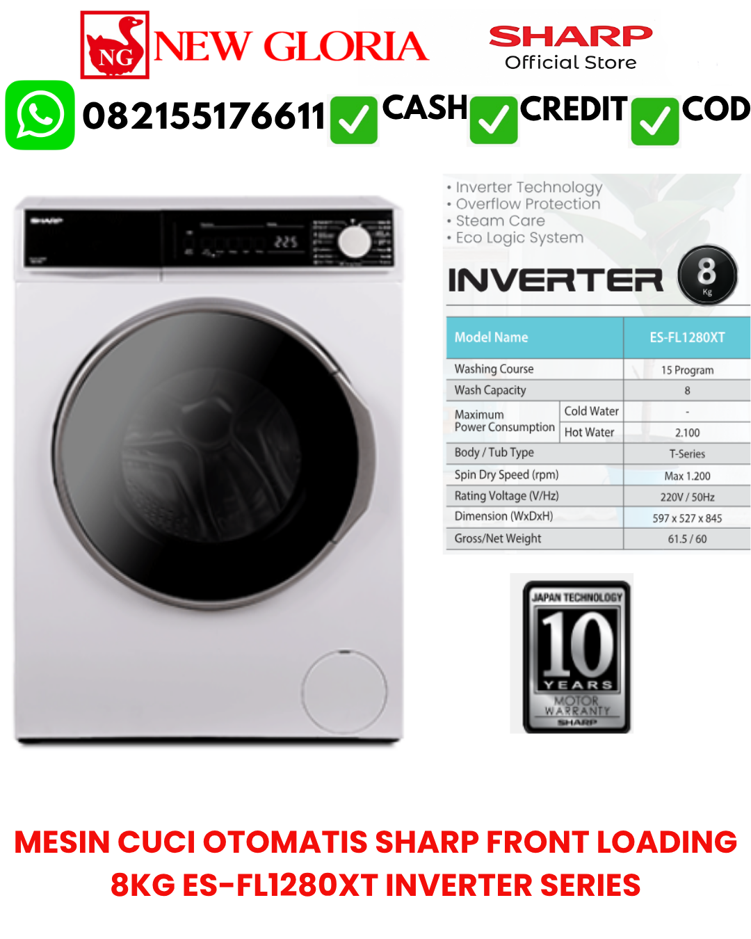 MESIN CUCI OTOMATIS SHARP FRONT LOADING 8KG ES-FL1280XT INVERTER SERIES