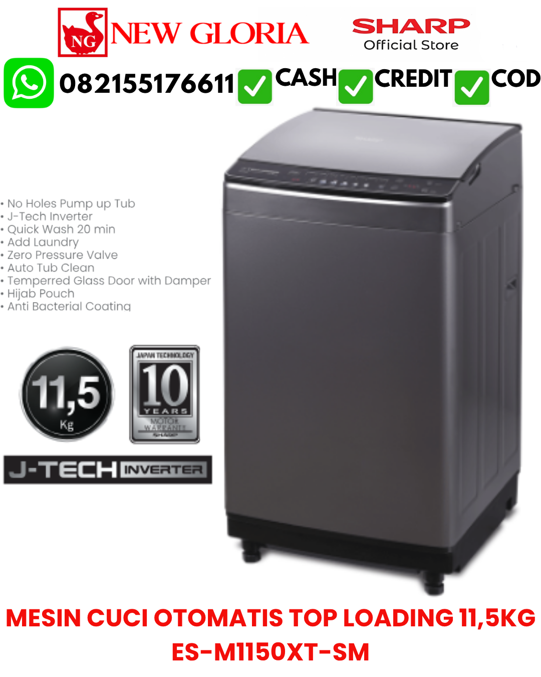 MESIN CUCI OTOMATIS TOP LOADING 11,5KG ES-M1150XT-SM