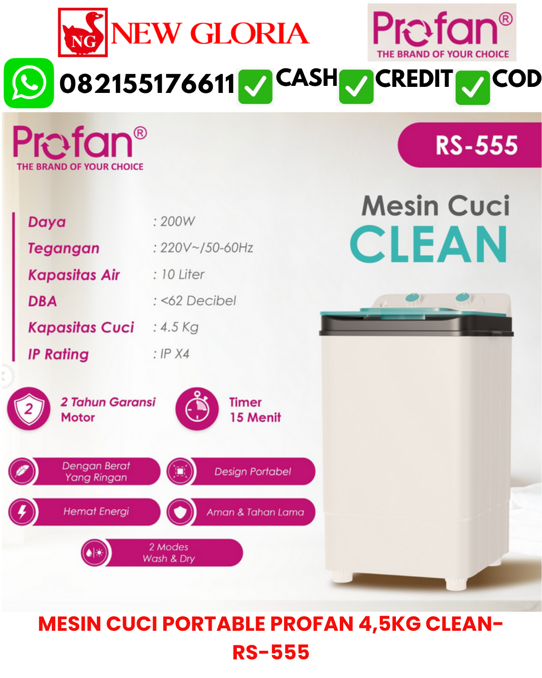 MESIN CUCI PORTABLE PROFAN 4,5KG CLEAN-RS-555