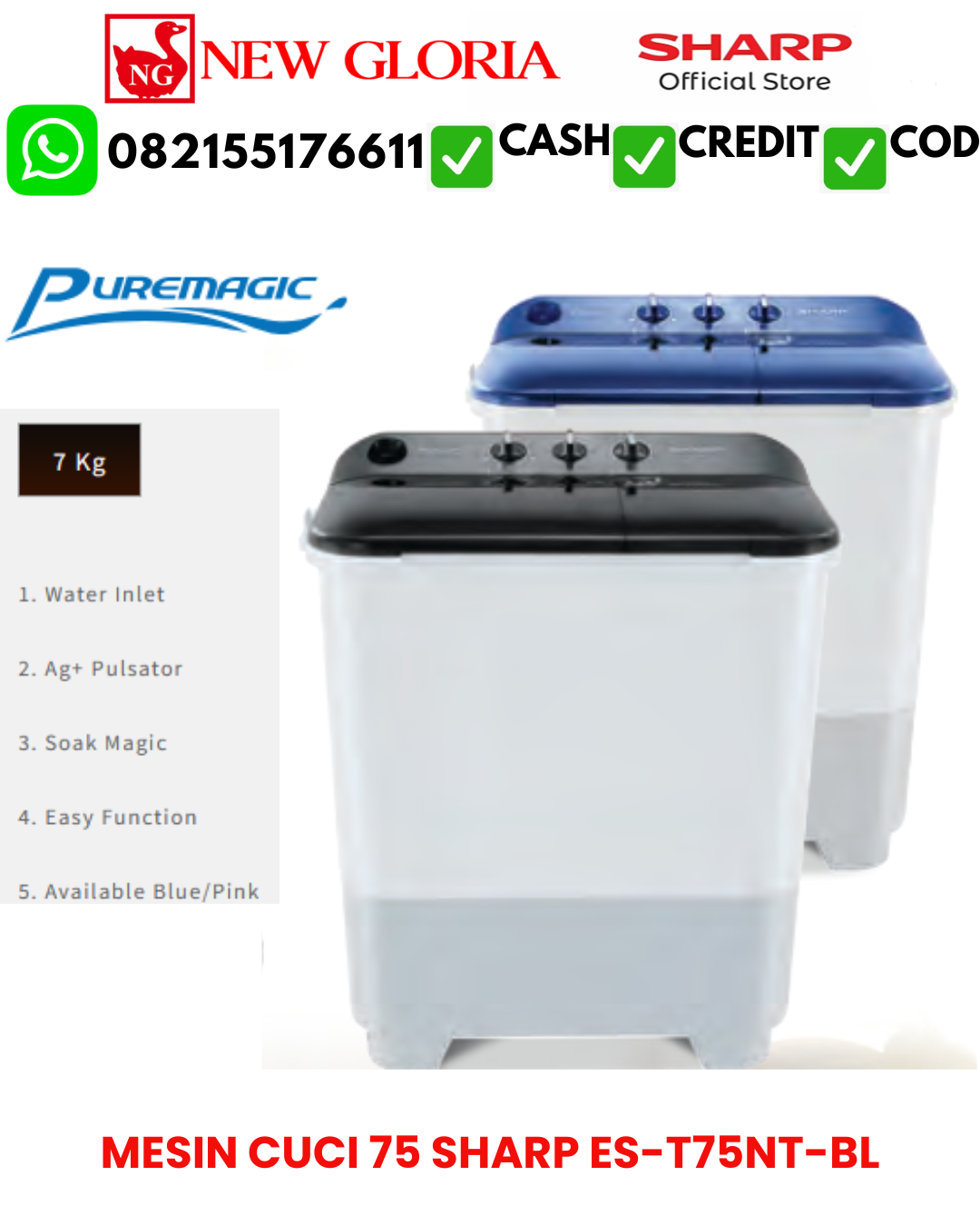 MESIN CUCI SHARP 7KG ES-T75NT-BL