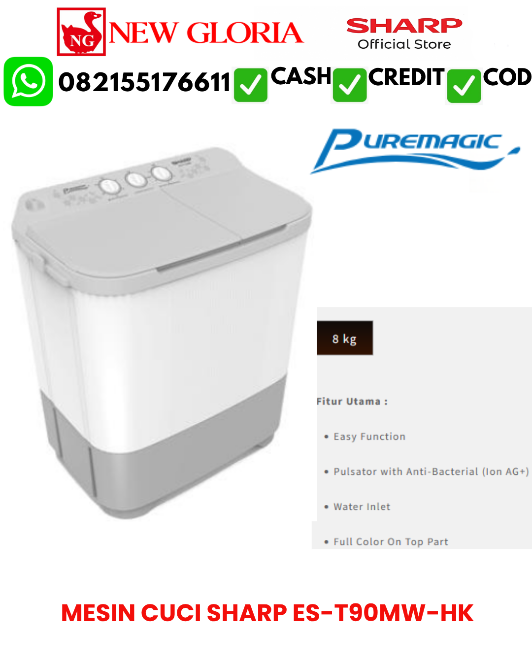 MESIN CUCI SHARP ES-T90MW-HK