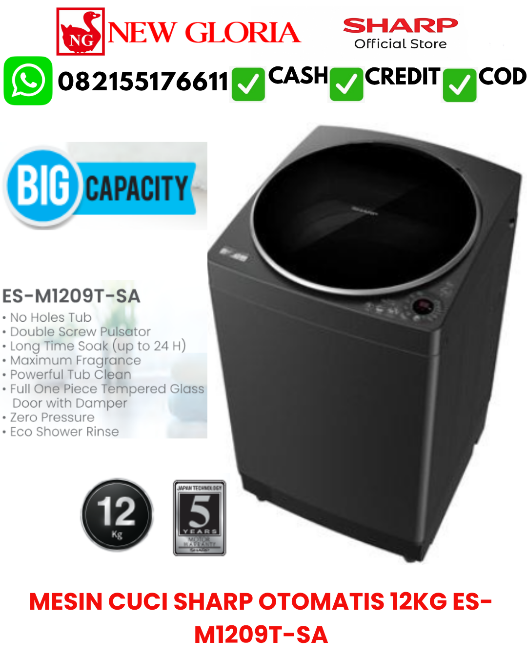 MESIN CUCI SHARP OTOMATIS 12KG ES-M1209T-SA
