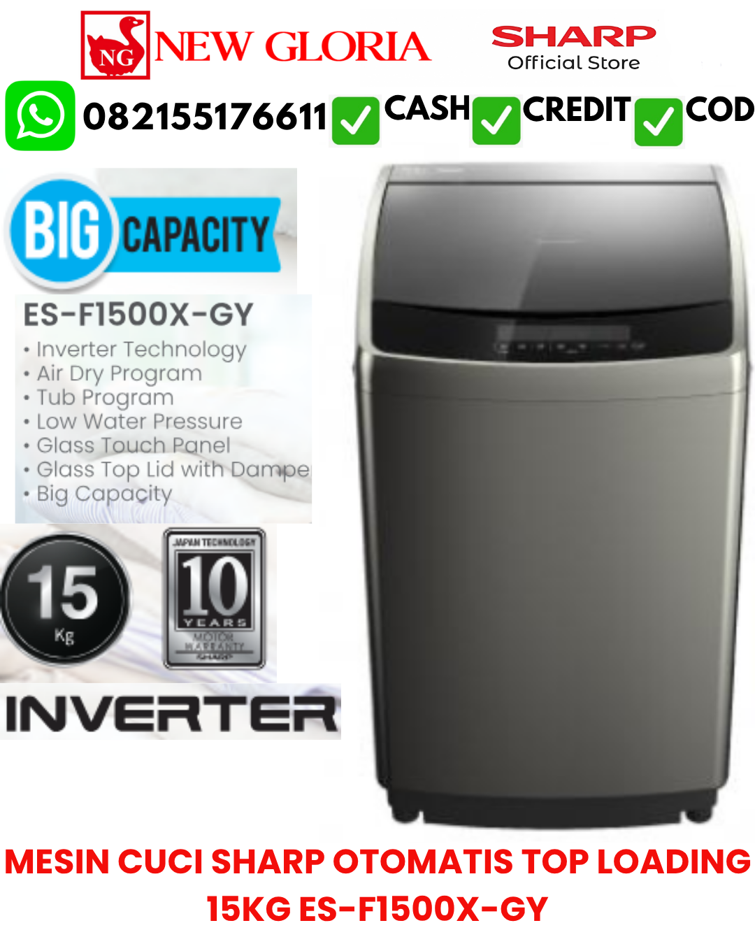 MESIN CUCI SHARP OTOMATIS TOP LOADING 15KG ES-F1500X-GY