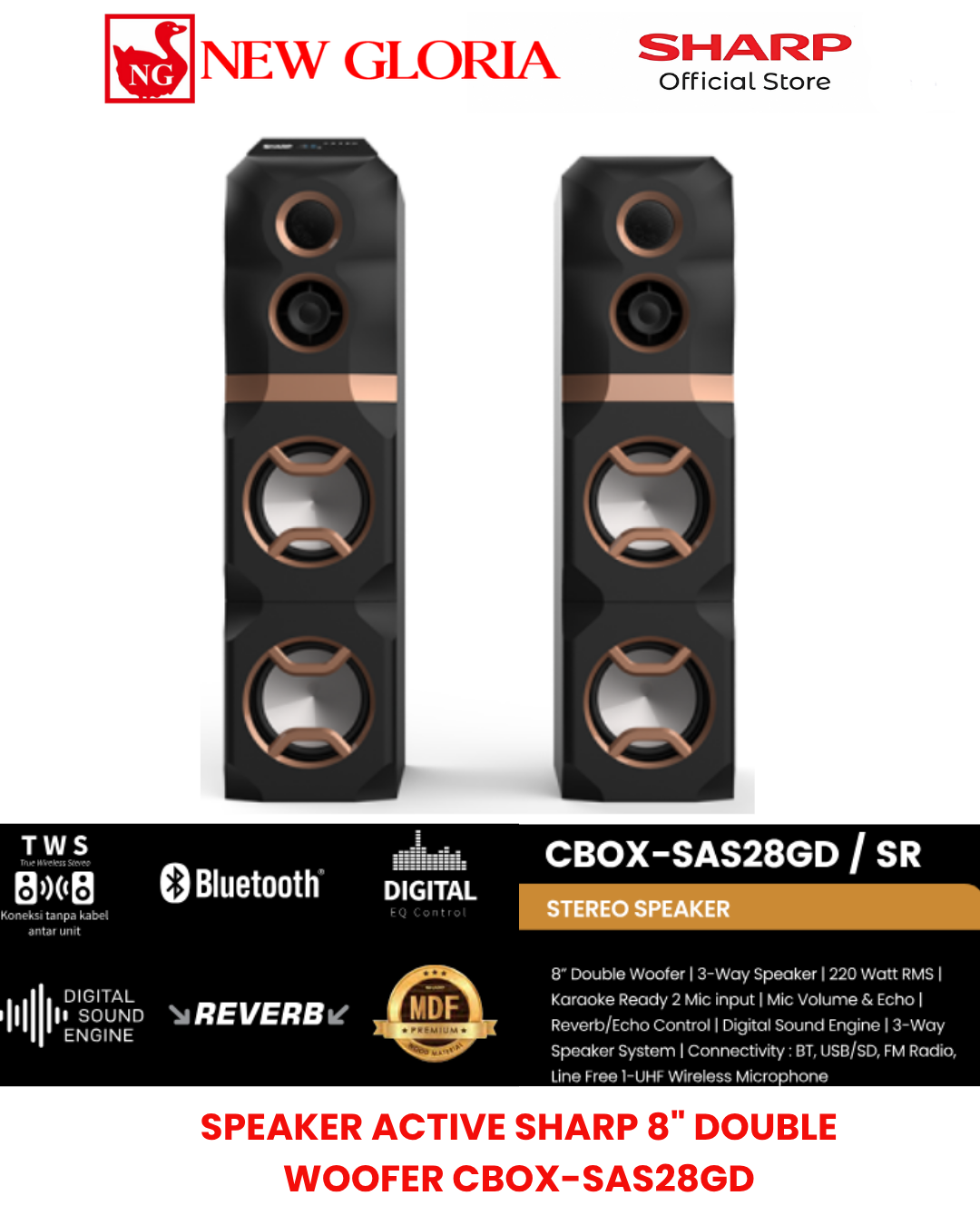 SPEAKER ACTIVE SHARP 8″ DOUBLE WOOFER CBOX-SAS28GD