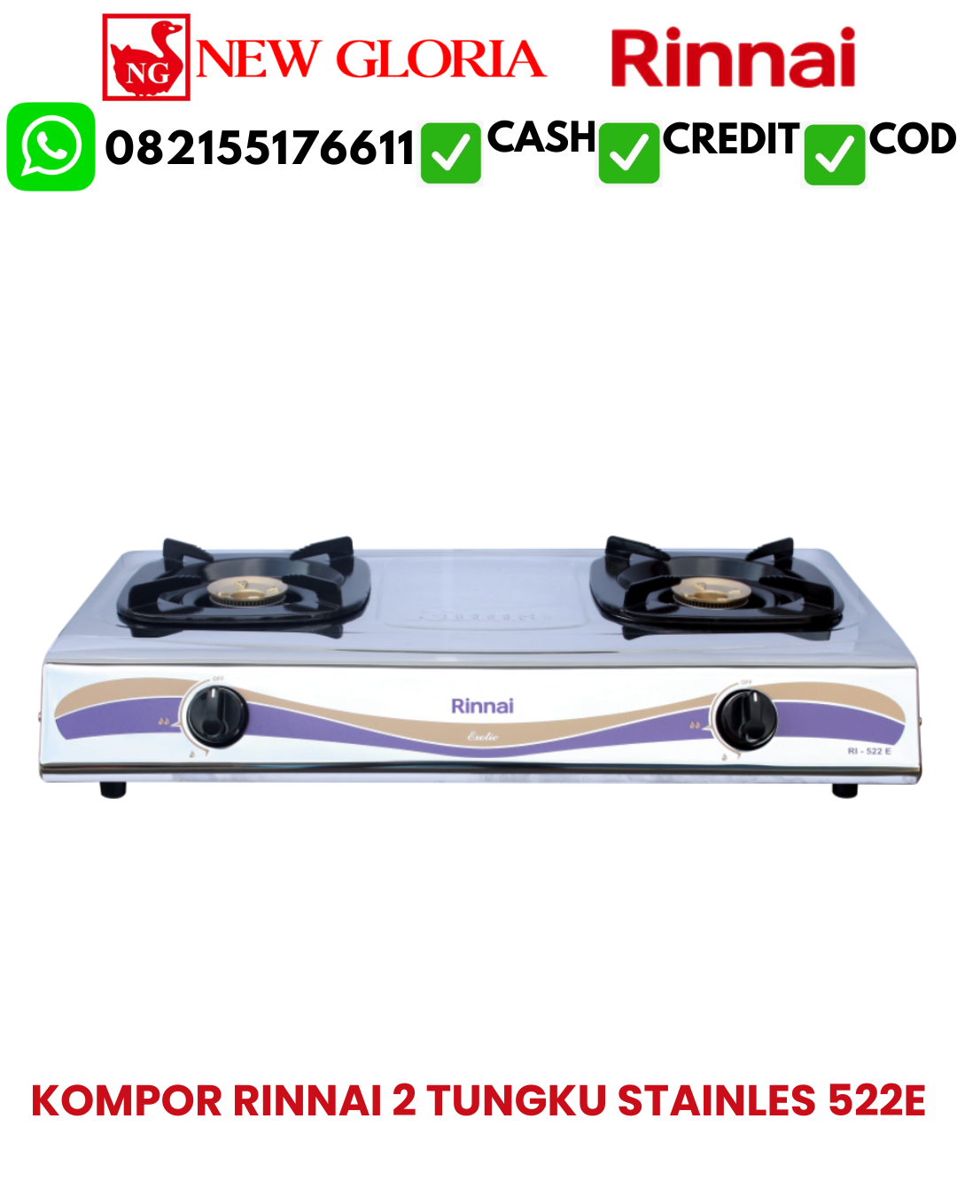 KOMPOR RINNAI 2 TUNGKU STAINLES 522E