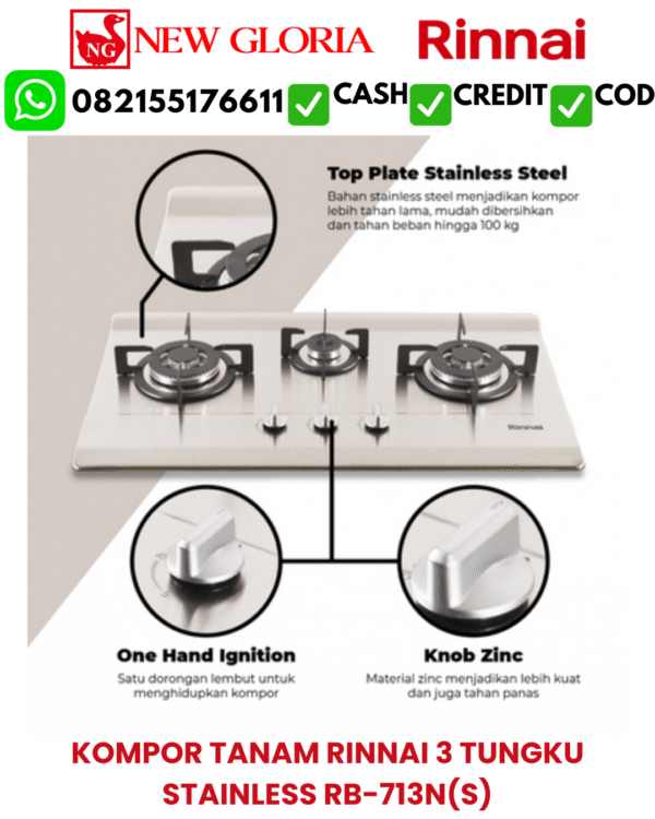 KOMPOR TANAM RINNAI 3 TUNGKU STAINLESS RB-713N(S)