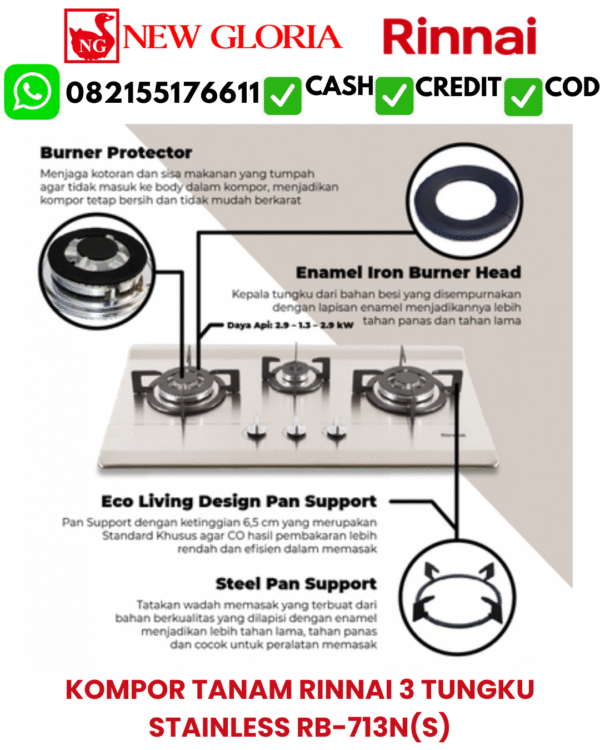 KOMPOR TANAM RINNAI 3 TUNGKU STAINLESS RB-713N(S)