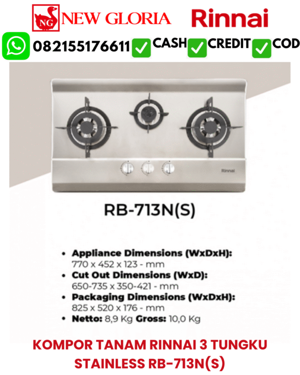 KOMPOR TANAM RINNAI 3 TUNGKU STAINLESS RB-713N(S)