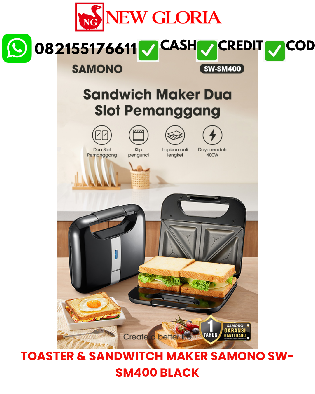 TOASTER & SANDWITCH MAKER SAMONO SW-SM400 BLACK